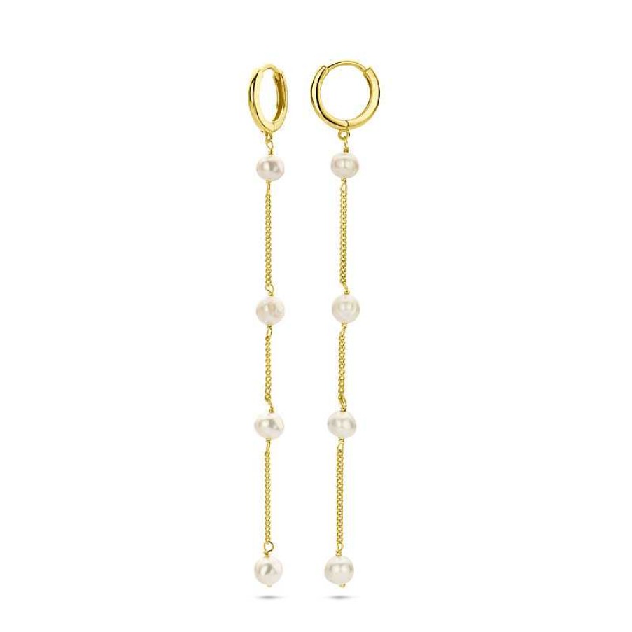 Oorbellen Mostert Huiscollectie | Gold Plated Oorhangers Met Oorringen En Vier Parels - Lengte 80 Mm