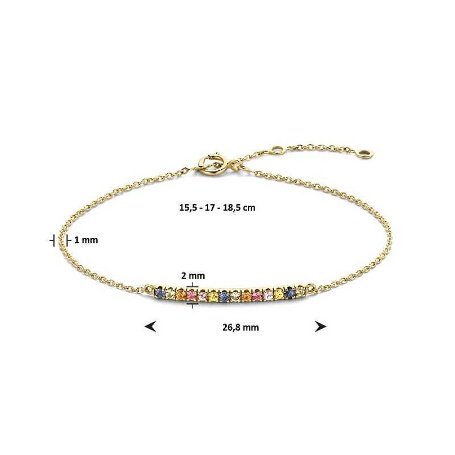 Armbanden Mostert Huiscollectie | 14-Karaat Gouden Bar Armband Met Regenboog Saffier - Lengte 15.5 - 17 - 18.5 Cm