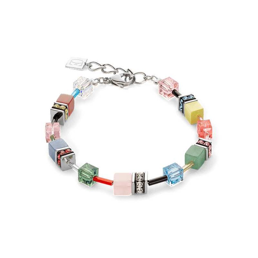 Armbanden Coeur de Lion | Coeur De Lion Geocube Iconic Precious Multicolor Delight Armband 4905/30-1584 Zilverkleurig Met Carneool, Aventurijn En Rozenkwarts