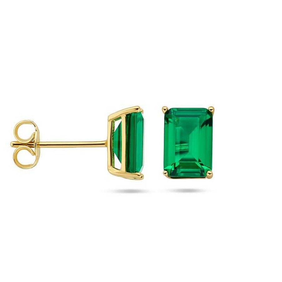 Oorbellen Mostert Huiscollectie | 14-Karaat Gouden Oorknoppen Met Groene Zirkonia Rechthoekig - 7 X 5 Mm