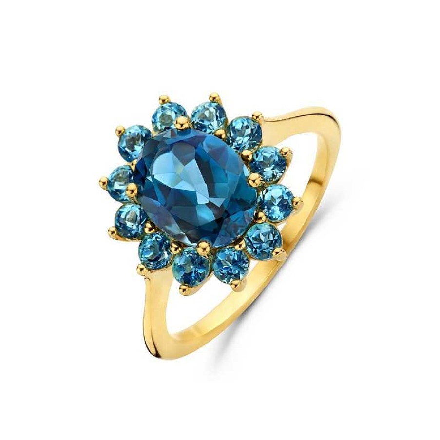 Ringen Mostert Huiscollectie | 14-Karaat Gouden Vintage Ring Met London Blue Topaas Bloem 15 Mm Breed