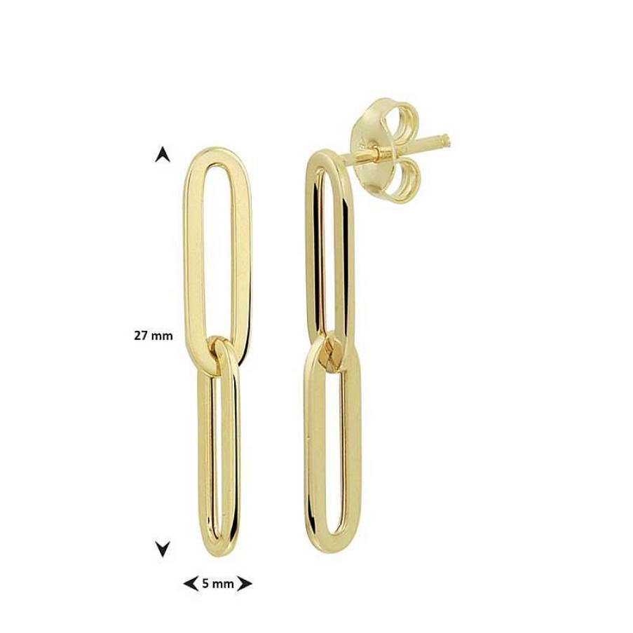 Oorbellen Mostert Huiscollectie | 14-Karaat Gouden Paperclip Oorhangers Met Twee Schakels - 5 Mm X 27 Mm