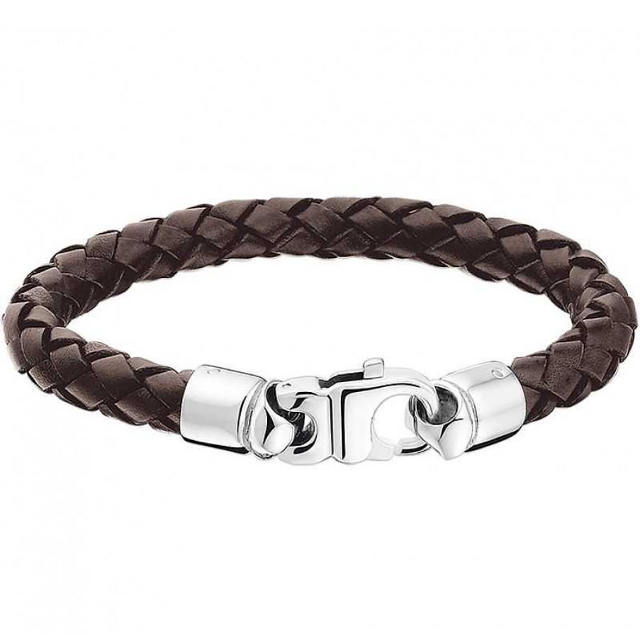 Armbanden Mostert Huiscollectie | Bruin Leren Herenarmband Met Stalen Schakel