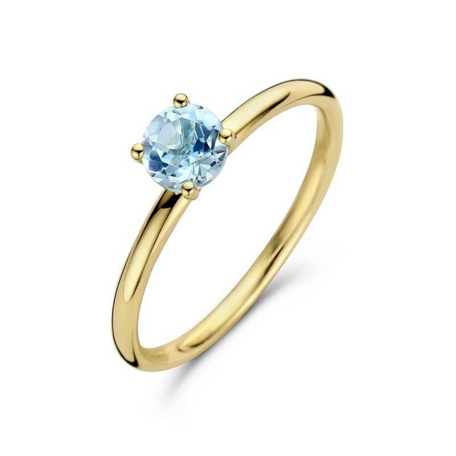 Ringen Mostert Huiscollectie | 14-Karaat Solitaire Gouden Ring Met Edelsteen Blauw Topaas 5 Mm