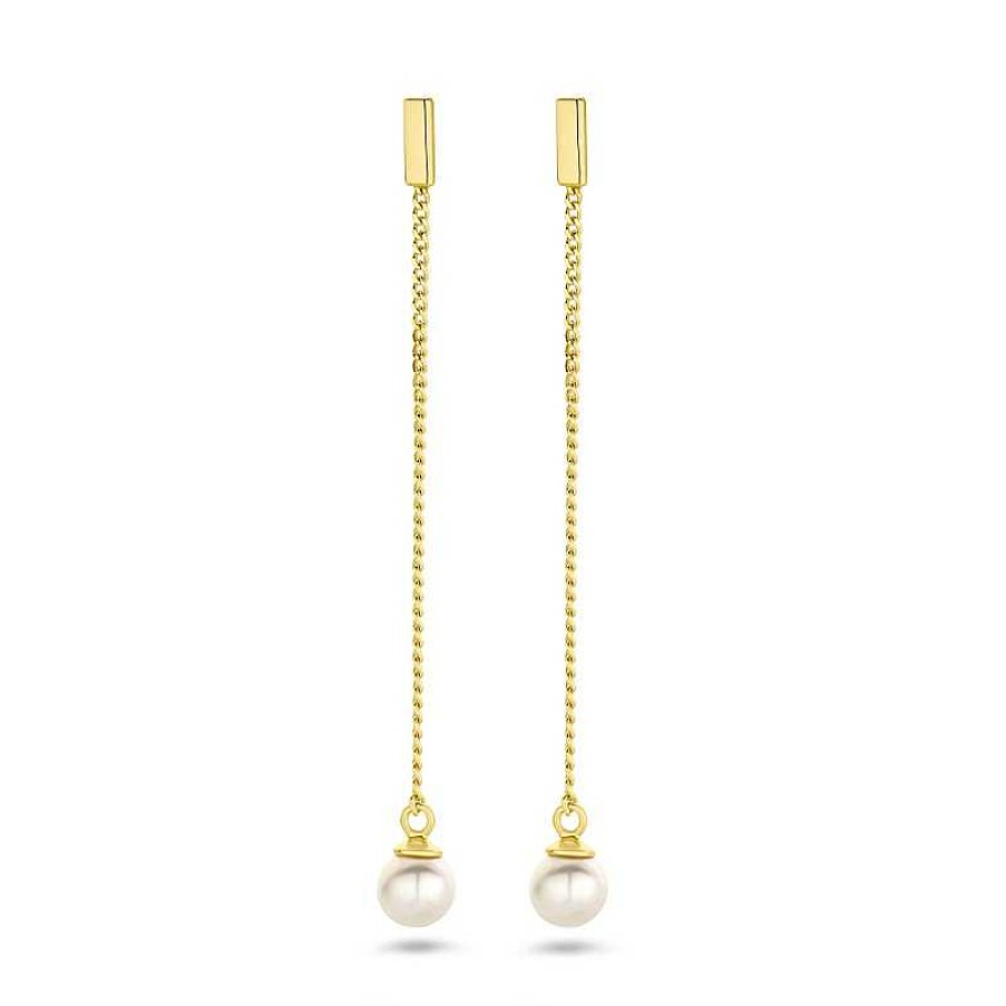 Oorbellen Mostert Huiscollectie | Gold Plated Parel Oorhangers Met Staafjes - Lengte 50 Mm