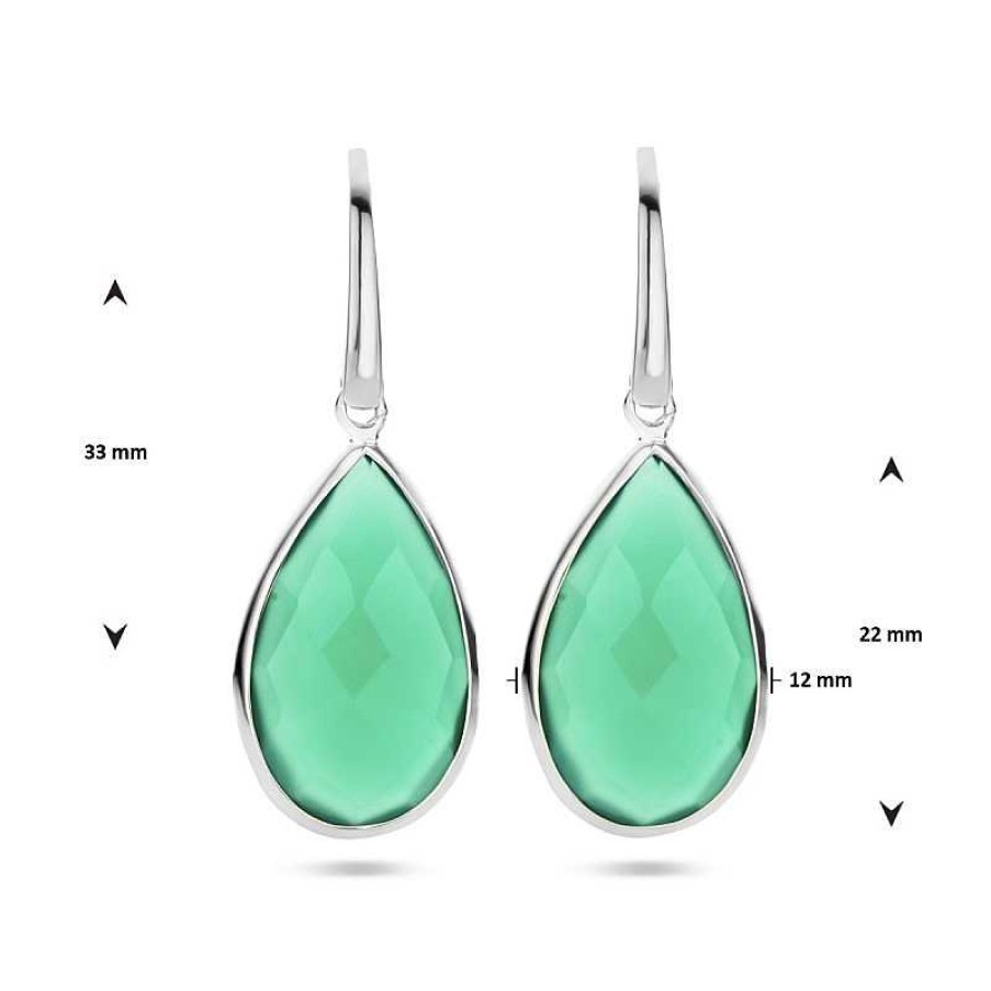 Oorbellen Mostert Huiscollectie | Zilveren Oorhangers Met Groen Agaat - 33 X 12 Mm