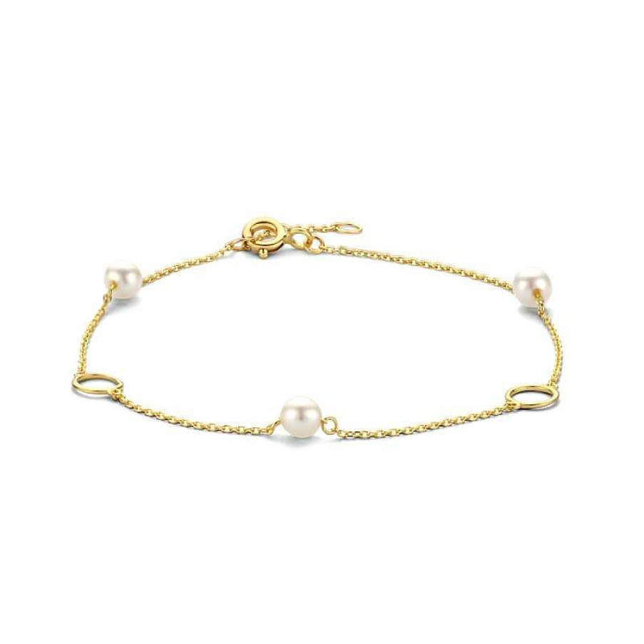 Armbanden Mostert Huiscollectie | Gouden Armband Met Drietal Parels En Open Rondjes