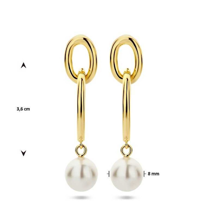 Oorbellen Mostert Huiscollectie | Gold Plated Oorhangers Ovaal Met Synth. Parel - 36 X 8 Mm