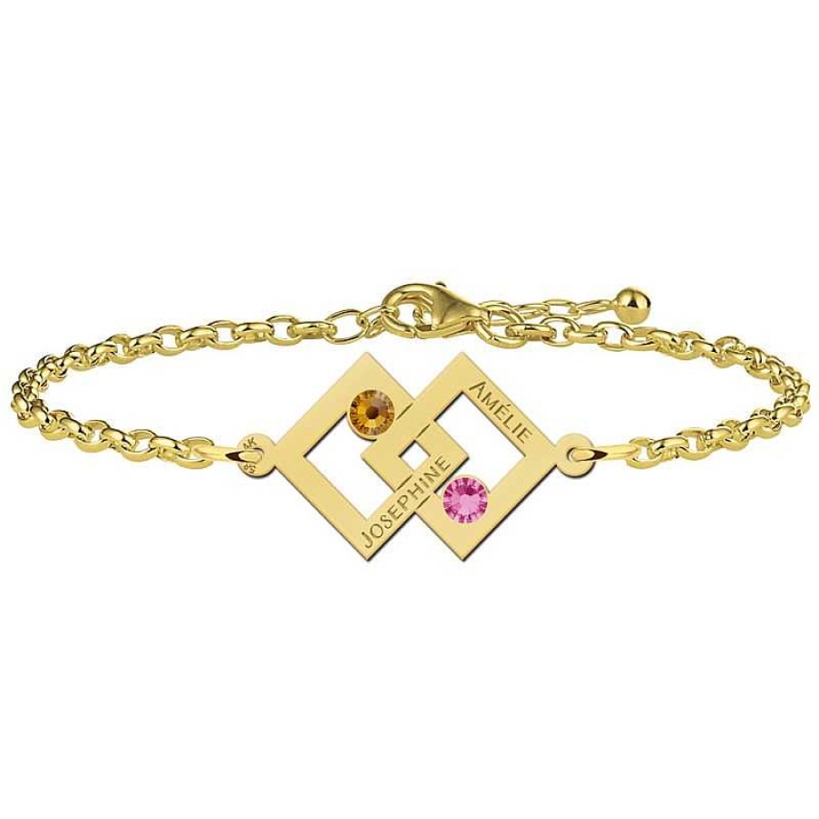 Armbanden Names4ever | Moeder Dochter Armband Twee Gouden Vierkantjes En Geboortestenen - Names4Ever