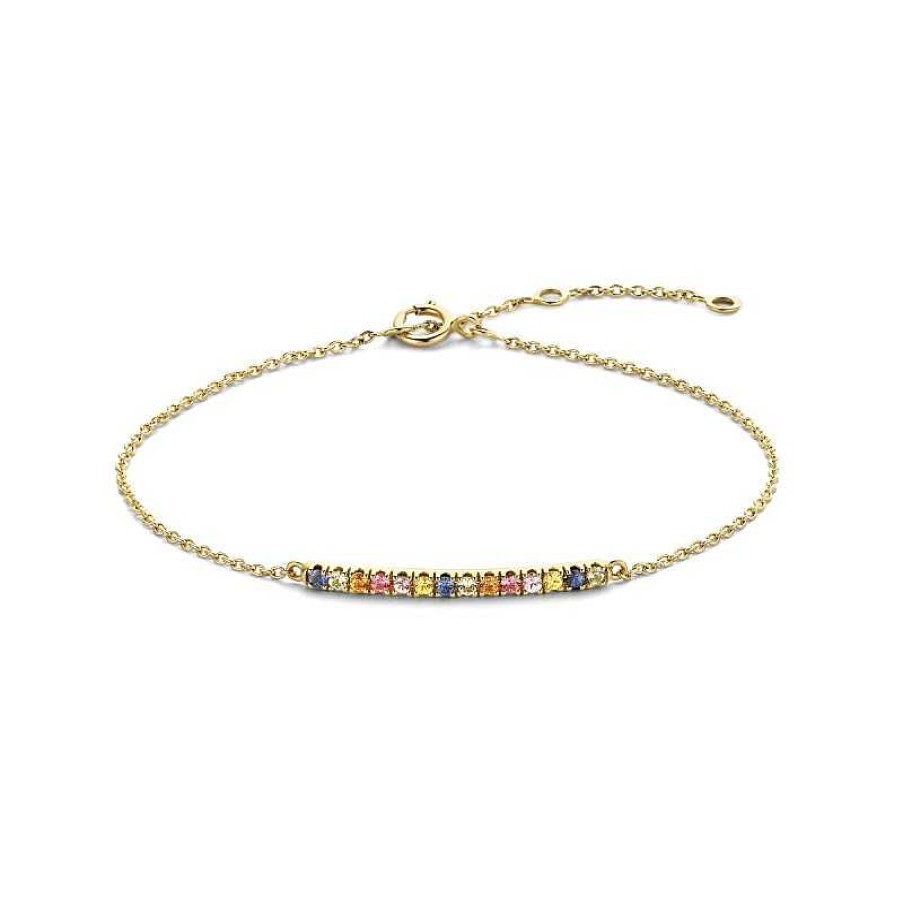 Armbanden Mostert Huiscollectie | 14-Karaat Gouden Bar Armband Met Regenboog Saffier - Lengte 15.5 - 17 - 18.5 Cm