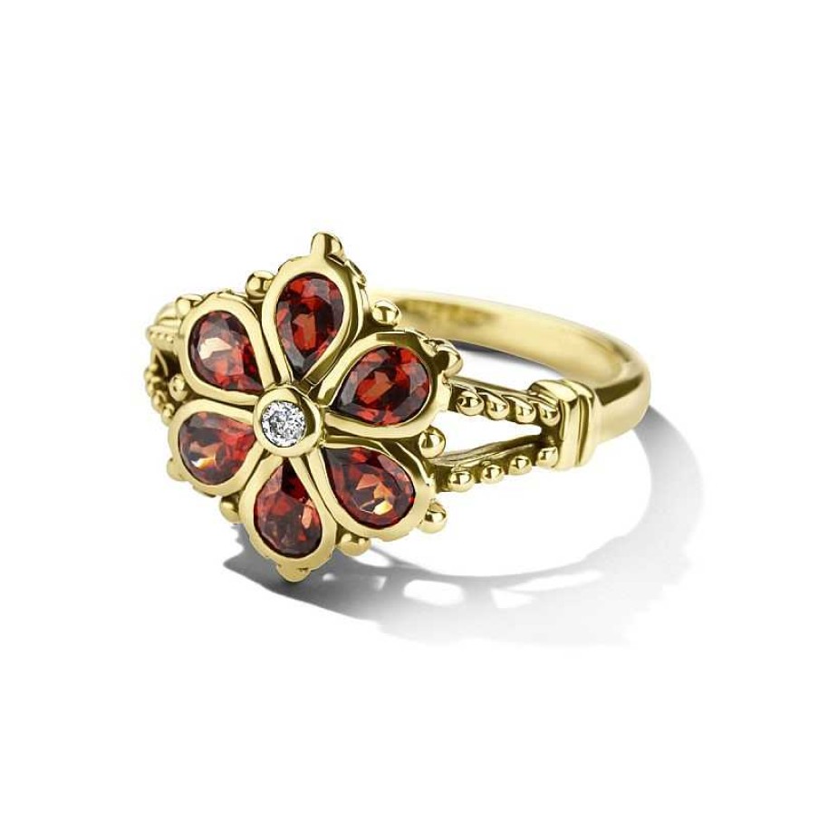 Ringen Mostert Huiscollectie | 14-Karaat Vintage Ring Met Granaat Bloem En Diamant 0.03 Crt