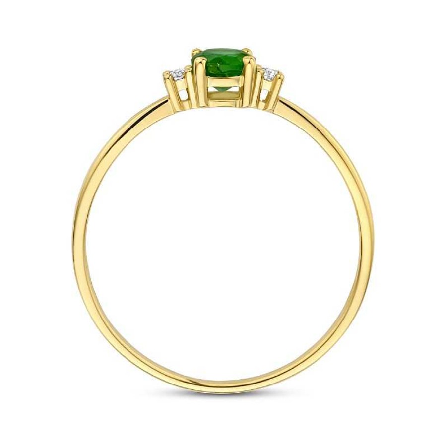 Ringen Mostert Huiscollectie | 14-Karaat Gouden Ring Met Smaragd En Twee Diamanten 2 X 0.15 Crt