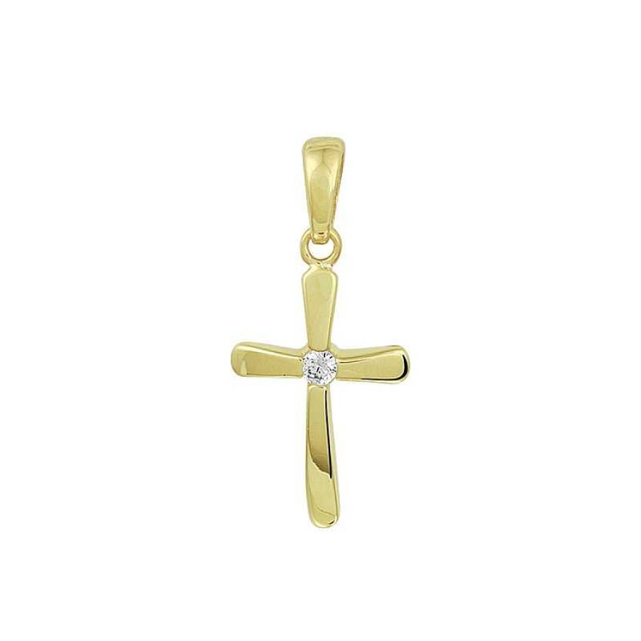 Hangers Mostert Huiscollectie | 14-Karaat Kruis Hanger Met Zirkonia - 15.5 X 10.5 Mm