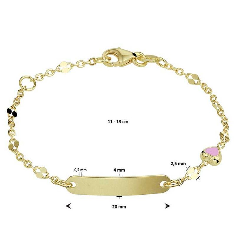 Armbanden Mostert Huiscollectie | 14-Karaat Kinder Graveerarmbandje Met Roze Hartje - Lengte 11 - 13 Cm