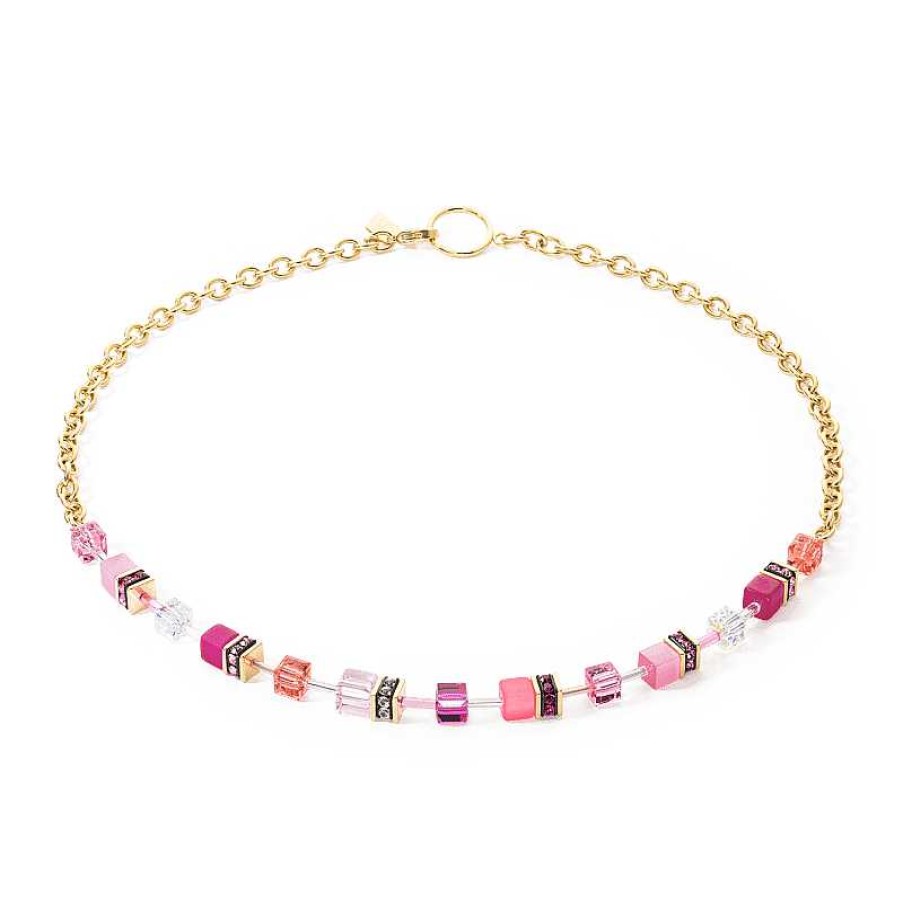 Kettingen Coeur de Lion | Coeur De Lion Geocube Ketting Iconic Chain 3038/10-0416 Goudkleurig Met Roze