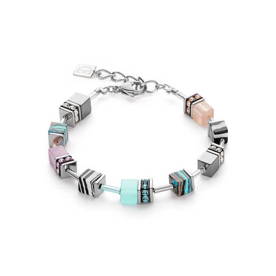 Armbanden Coeur de Lion | Roze En Blauwe Coeur De Lion Geocube Candy Armband 5090/30-1919 Zilverkleurig Met Gestreepte Hematiet