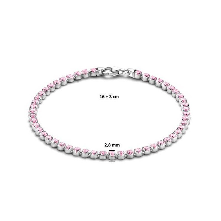 Armbanden Mostert Huiscollectie | Zilveren Tennisarmband Met Roze Zirkonia'S 2.8 Mm - Lengte 16 + 3 Cm