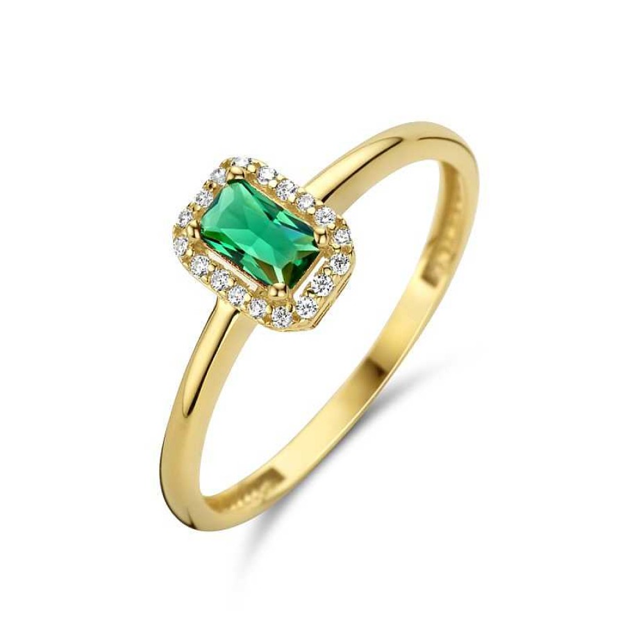 Ringen Mostert Huiscollectie | 14-Karaat Gouden Ring Met Groene Zirkonia Rechthoek