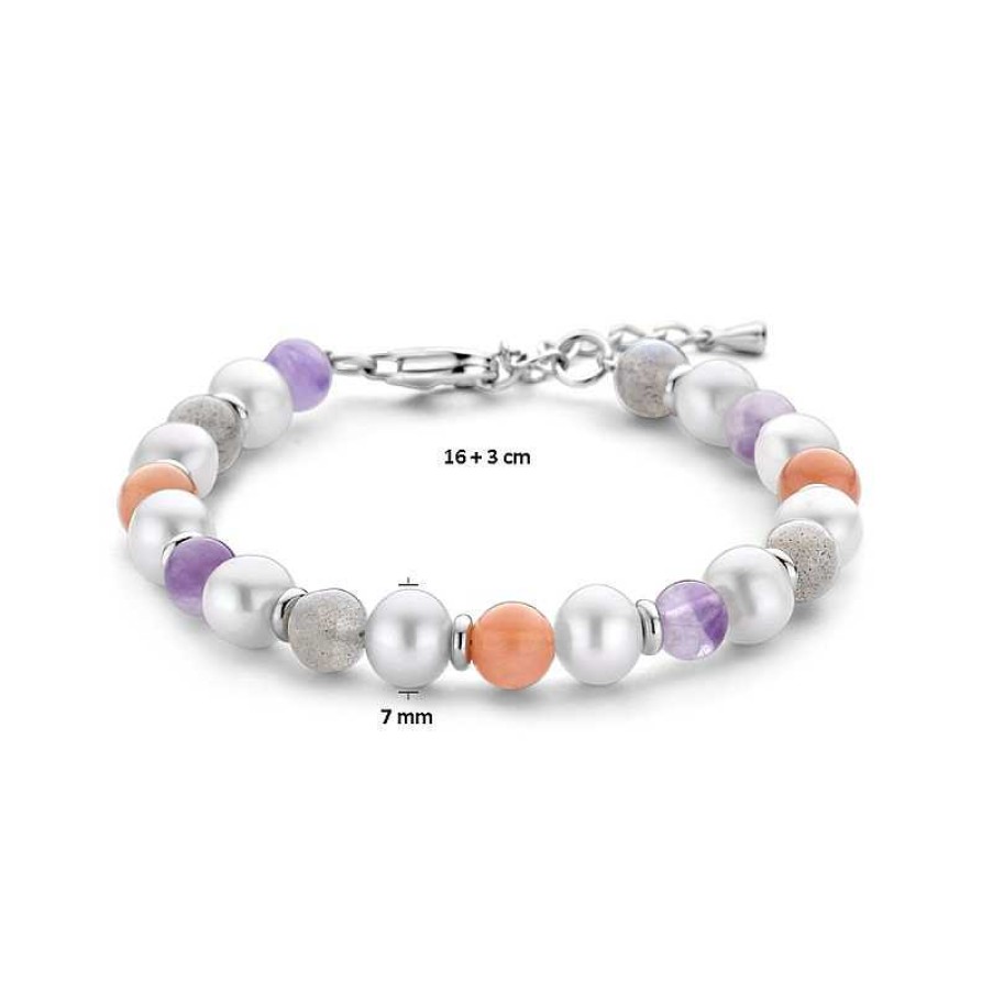 Armbanden Mostert Huiscollectie | Zilveren Armband Met Amethist, Maansteen, Labradoriet En Zoetwaterparels 7 Mm Breed - Lengte 16 + 3 Cm