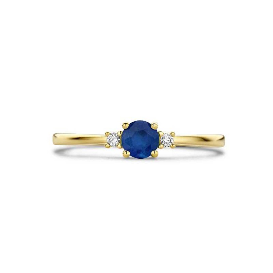 Ringen Mostert Huiscollectie | 14-Karaat Gouden Ring Met Saffier En Twee Diamanten 2 X 0.15 Crt