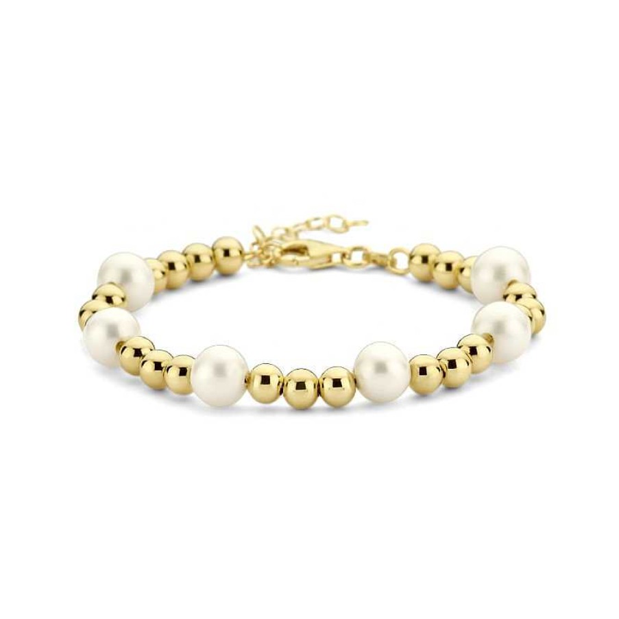 Armbanden Mostert Huiscollectie | Gold Plated Armband Met Parels En Bolletjes - Lengte 17 + 3 Cm