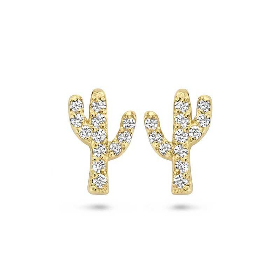 Oorbellen Mostert Huiscollectie | 14-Karaat Gouden Cactus Oorknoppen Met Zirkonia - 8 X 5 Mm