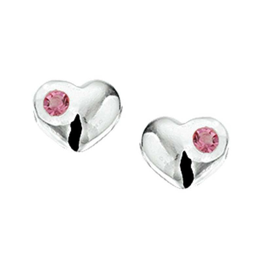 Oorbellen Mostert Huiscollectie | Zilveren Kinderoorknopjes Met Hartje En Roze Steentje - 6.5 X 7.5 Mm