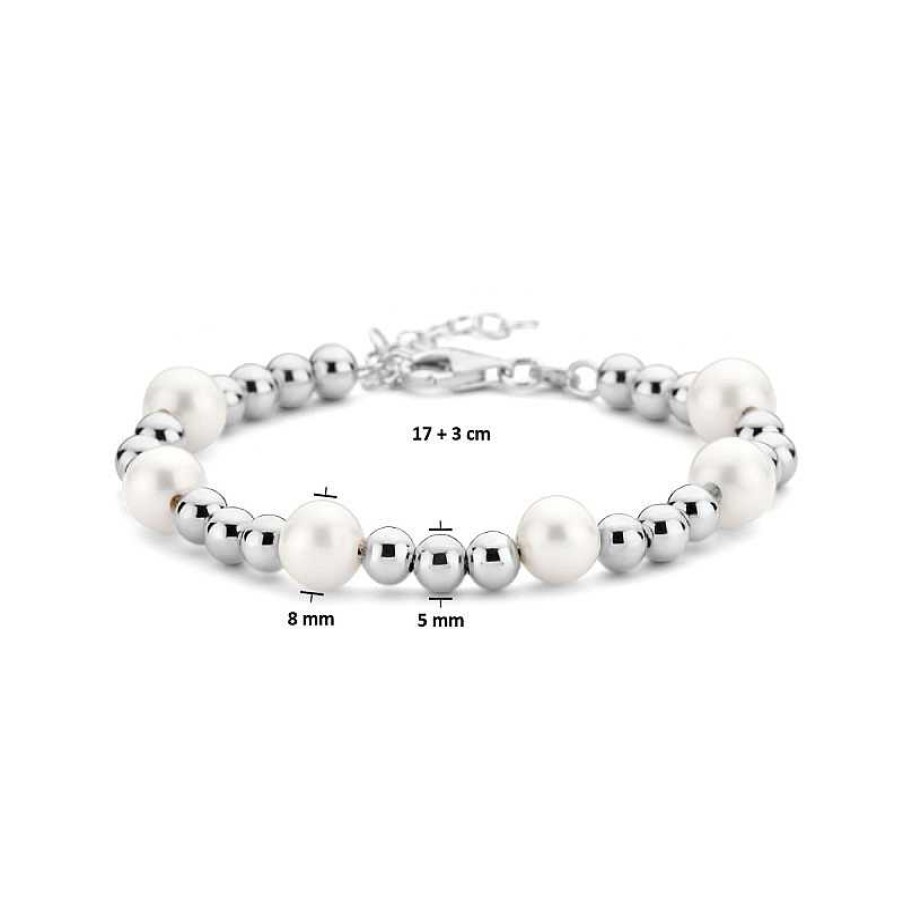 Armbanden Mostert Huiscollectie | Zilveren Armband Met Parels En Bolletjes - Lengte 17 + 3 Cm