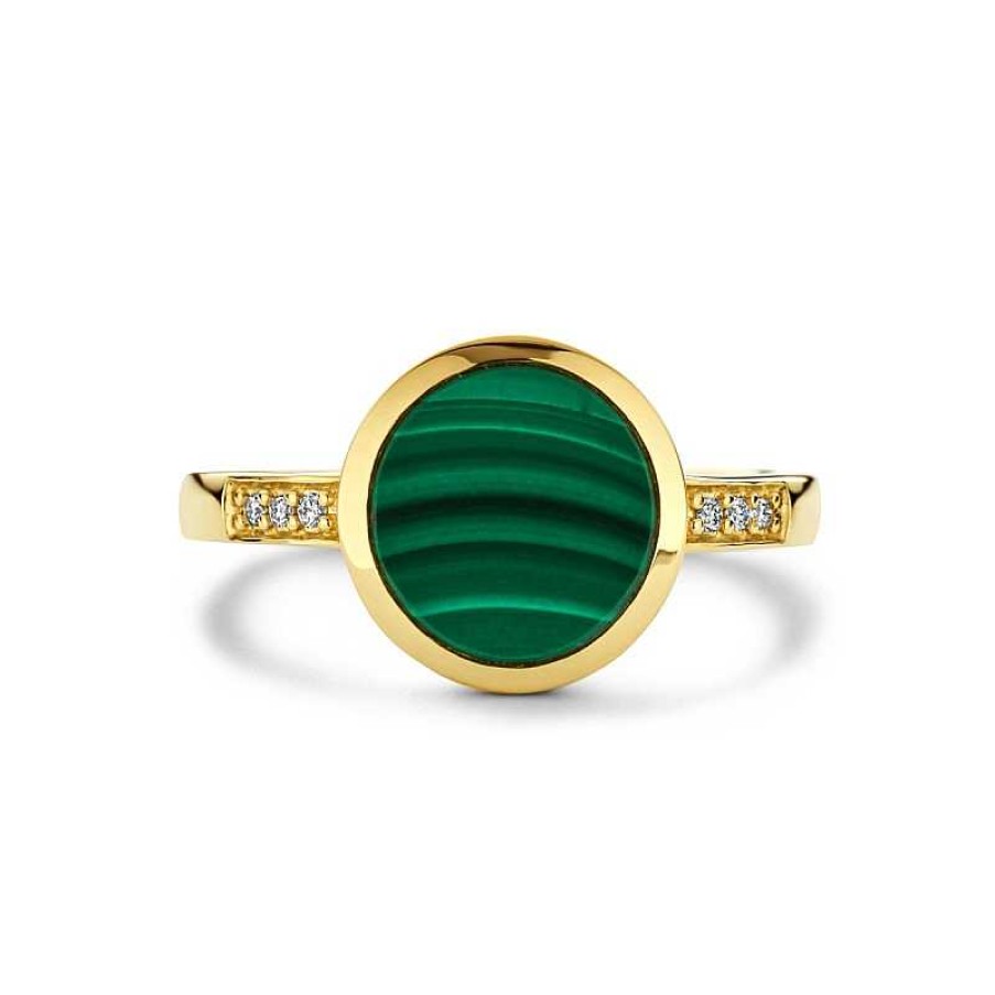 Ringen Mostert Huiscollectie | 14-Karaat Gouden Edelsteen Ring Met Groene Malachiet En Twee Rijen Diamanten 10.5 Mm Breed