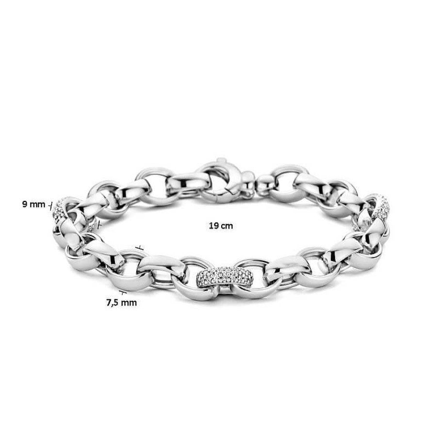 Armbanden Mostert Huiscollectie | Zilveren Schakelarmband Met Ovale Jasseronschakels En Zirkonia'S 7.5 Mm Breed - Lengte 19 Cm