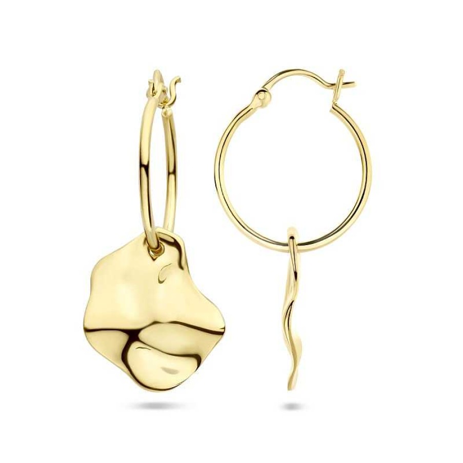 Oorbellen Mostert Huiscollectie | Gold Plated Oorringen Met Speels Gehamerde Hanger - Diameter 17 Mm