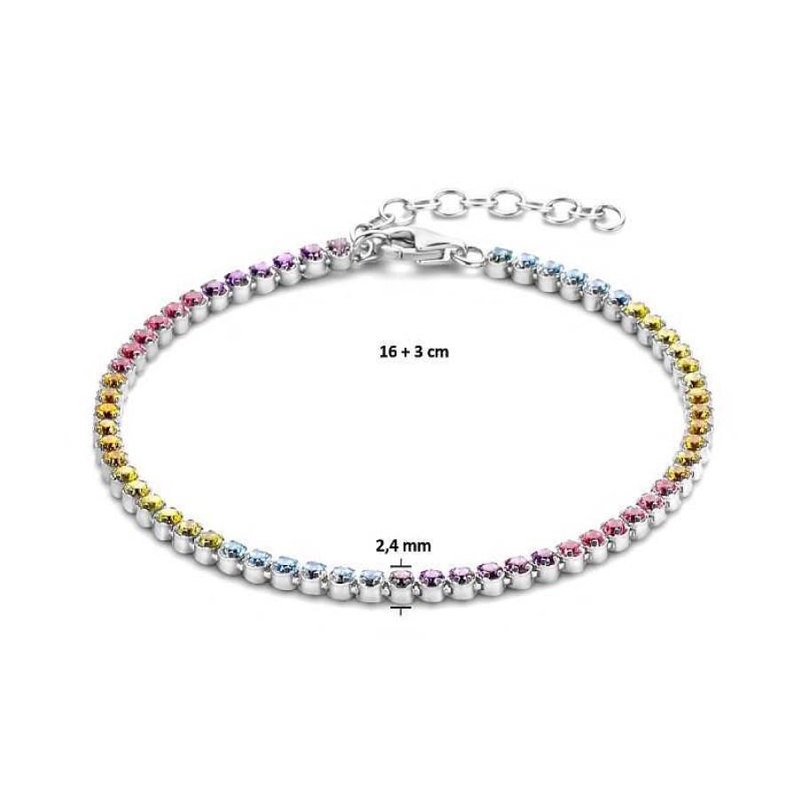 Armbanden Mostert Huiscollectie | Kleurrijke Zilveren Tennisarmband 2.4 Mm - Lengte 16 + 3 Cm