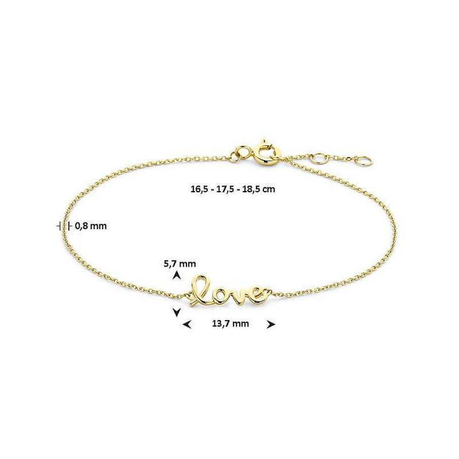 Armbanden Mostert Huiscollectie | 14-Karaat Gouden Armband Met Tekst Love - Lengte 16 - 17.5 - 18.5 Cm