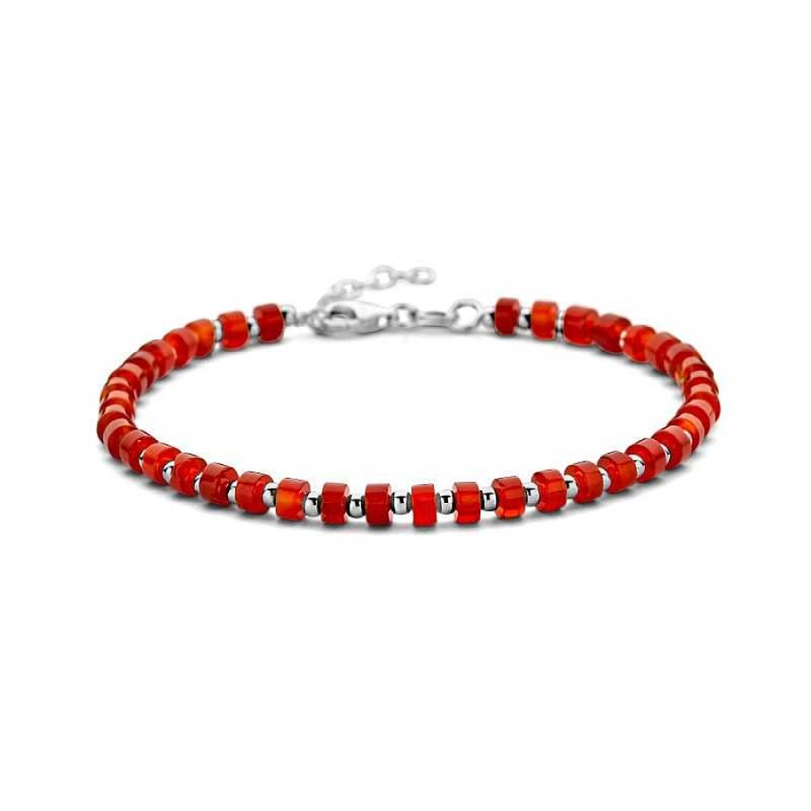 Armbanden Mostert Huiscollectie | Zilveren Heren Armband Met Carneool 4 Mm - Lengte 20 + 3 Cm