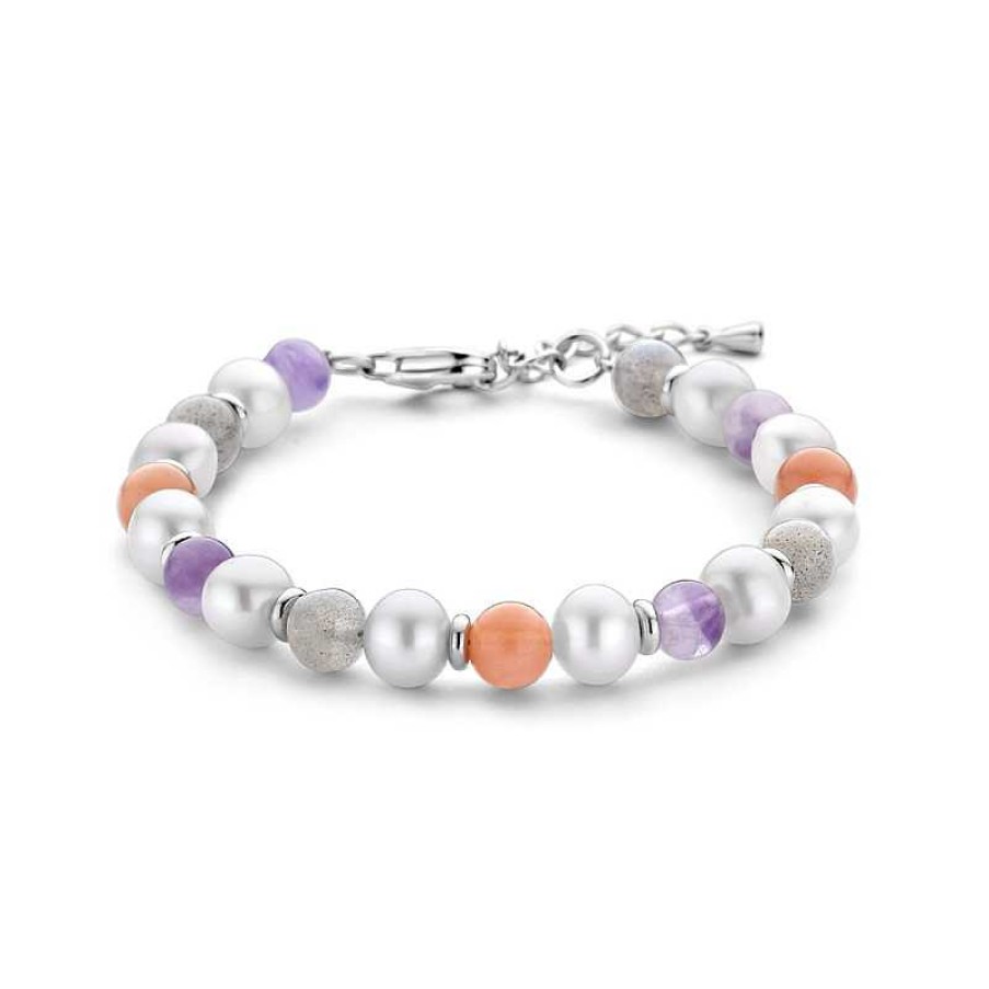 Armbanden Mostert Huiscollectie | Zilveren Armband Met Amethist, Maansteen, Labradoriet En Zoetwaterparels 7 Mm Breed - Lengte 16 + 3 Cm