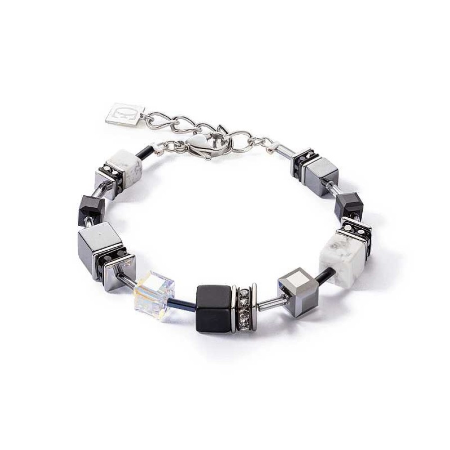 Armbanden Coeur de Lion | Zwartwitte Coeur De Lion Geocube Iconic Precious Armband 4530/30-1314 Met Onyx, Howliet En Hematiet