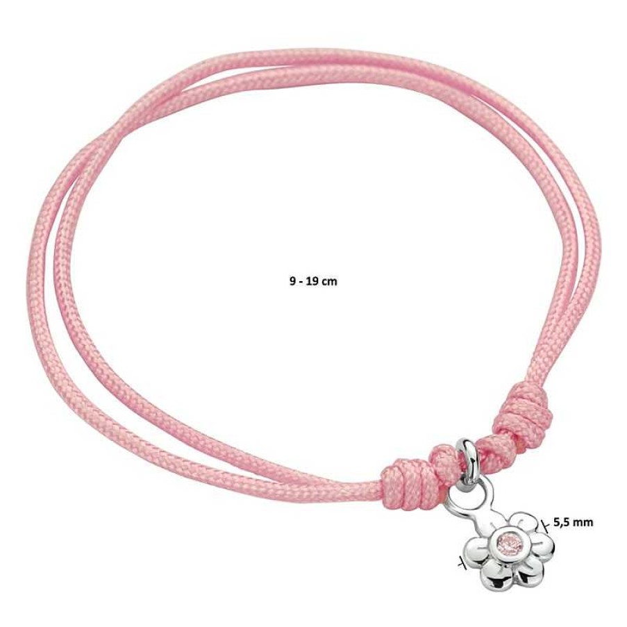 Armbanden Mostert Huiscollectie | Roze Gevlochten Kinderarmband Met Bloemetje En Roze Zirkonia - Lengte 9 - 19 Cm