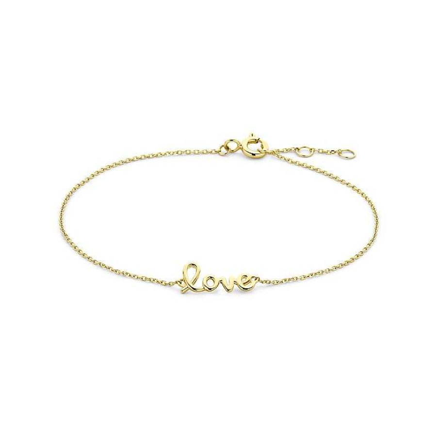 Armbanden Mostert Huiscollectie | 14-Karaat Gouden Armband Met Tekst Love - Lengte 16 - 17.5 - 18.5 Cm