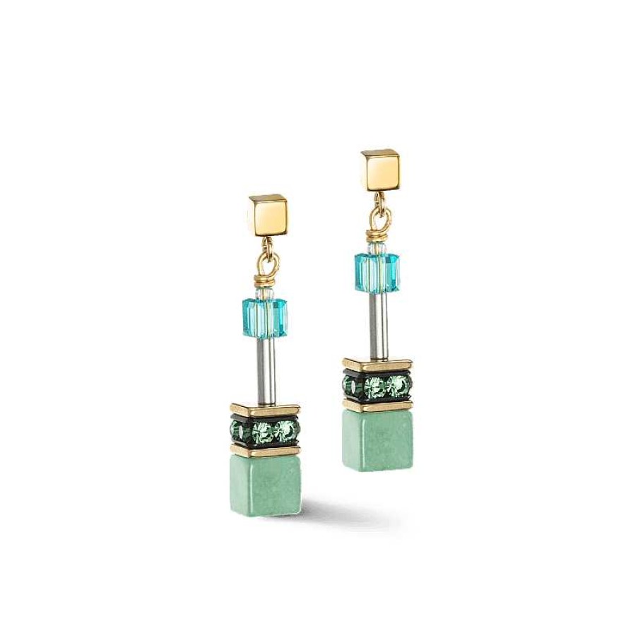 Oorbellen Coeur de Lion | Coeur De Lion Geocube Oorhangers Iconic Precious 4905/21-0506 Goudkleurig Met Groen En Turquoise