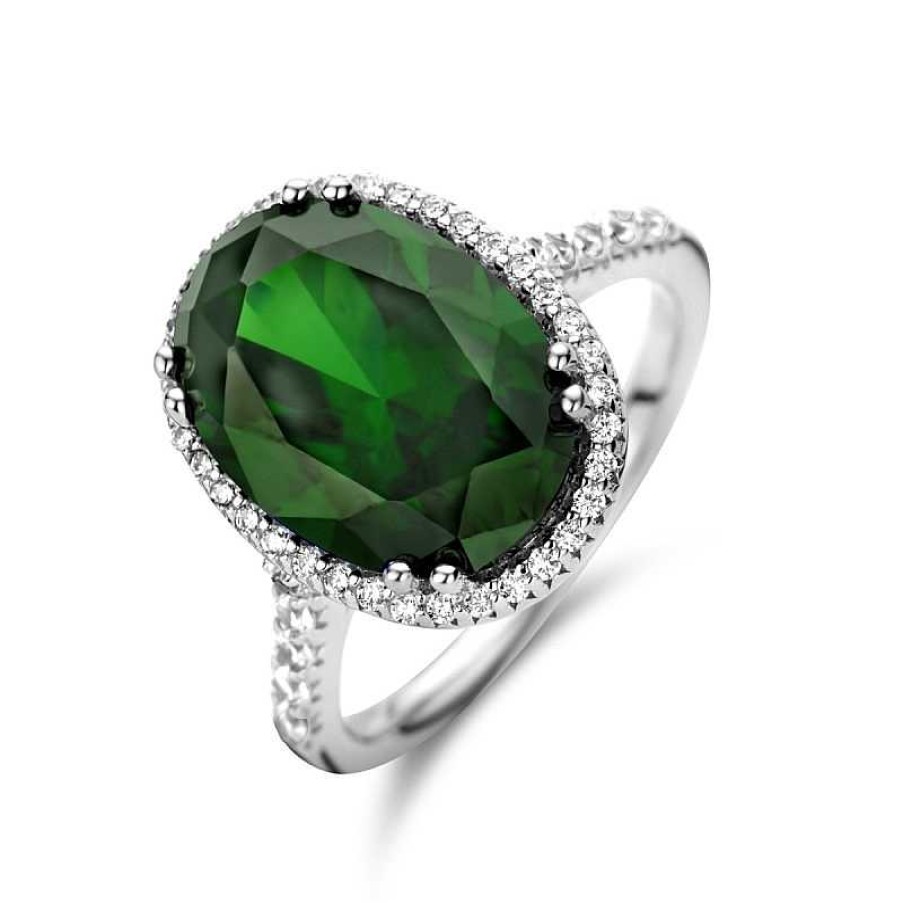 Ringen Mostert Huiscollectie | Zilveren Ring Met Grote Groene Zirkonia Ovaal