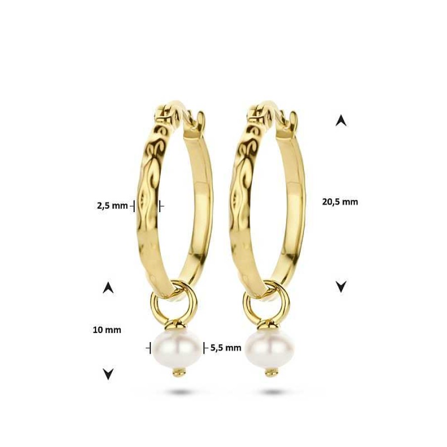 Oorbellen Mostert Huiscollectie | Gold Plated Oorringen Gehamerd Met Parelhanger- 20.5 X 2.5 Mm