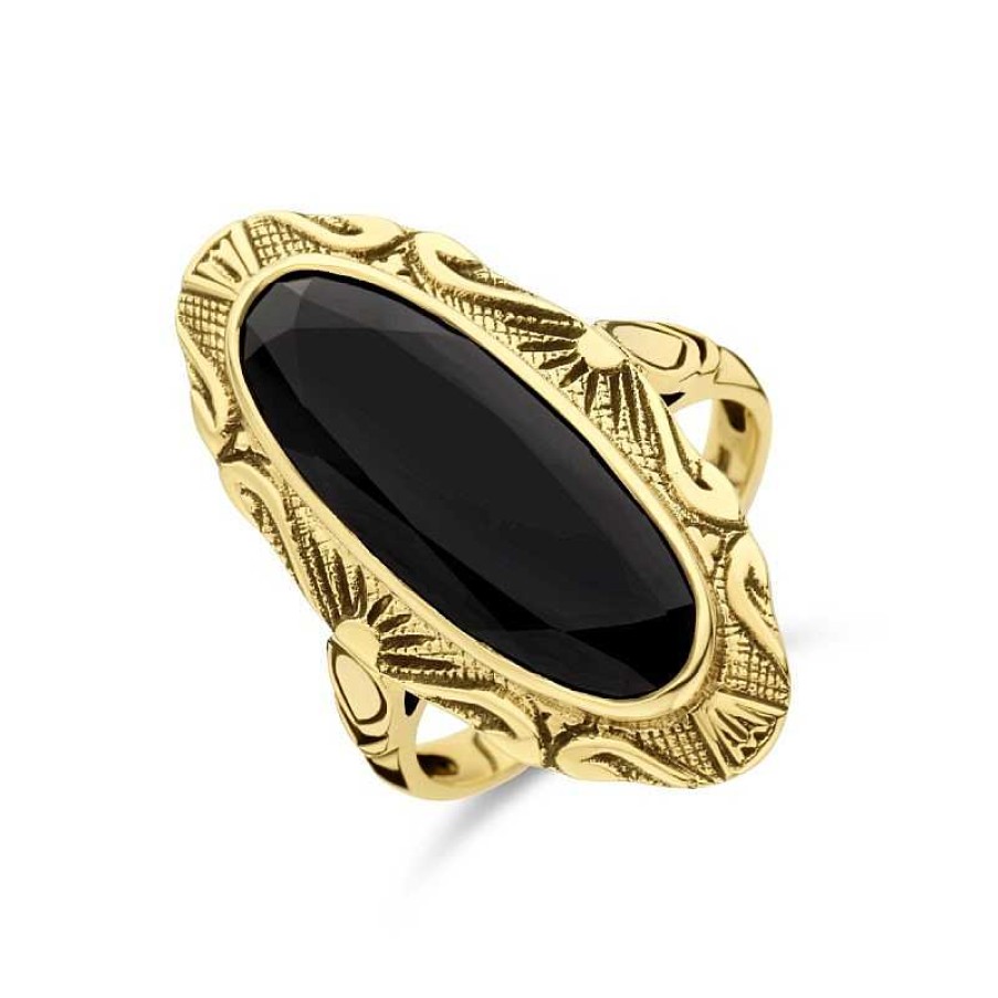 Ringen Mostert Huiscollectie | 14-Karaat Langwerpige Gouden Vintage Ring Met Onyx