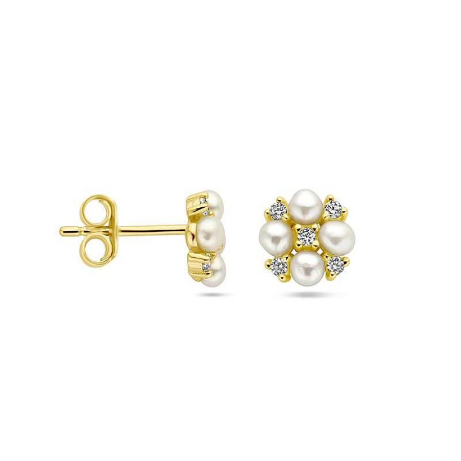 Oorbellen Mostert Huiscollectie | Gold Plated Oorknopjes Met Zirkonia'S En Vier Parels - 7.5 Mm