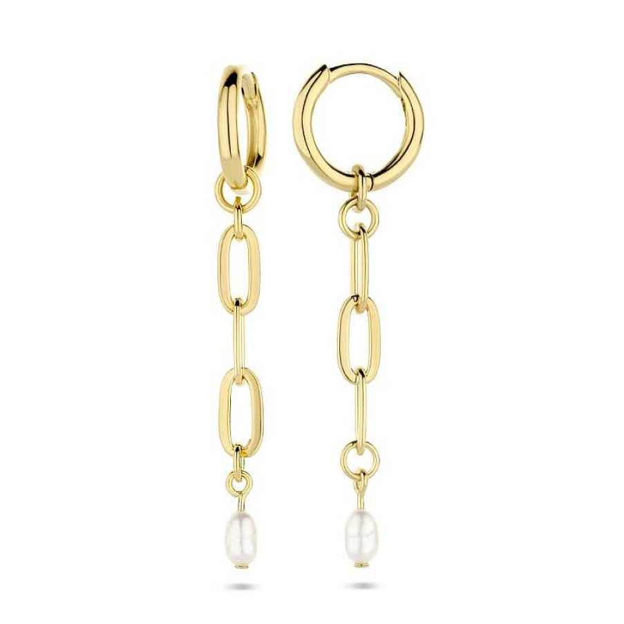 Oorbellen Mostert Huiscollectie | Gold Plated Klapcreolen Met Parel Hanger Glanzend - Diameter 11 Mm