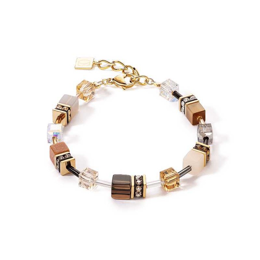 Armbanden Coeur de Lion | Bruine En Gele Coeur De Lion Geocube Iconic Precious Armband 4905/30-1100 Goud Verguld Met Agaat, Rookkwarts En Aventurijn