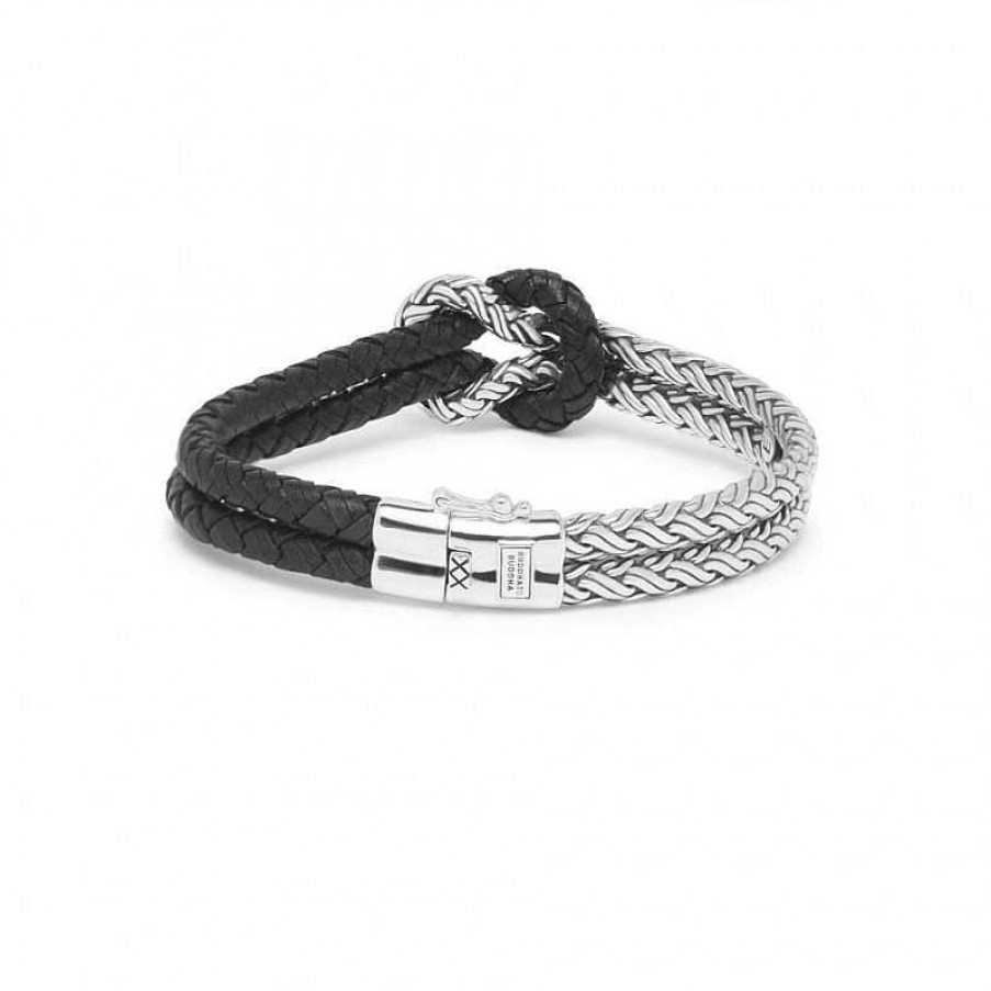 Armbanden Buddha to Buddha | Buddha To Buddha 132 Katja Knot Mix Silver/Leather Bracelet Black