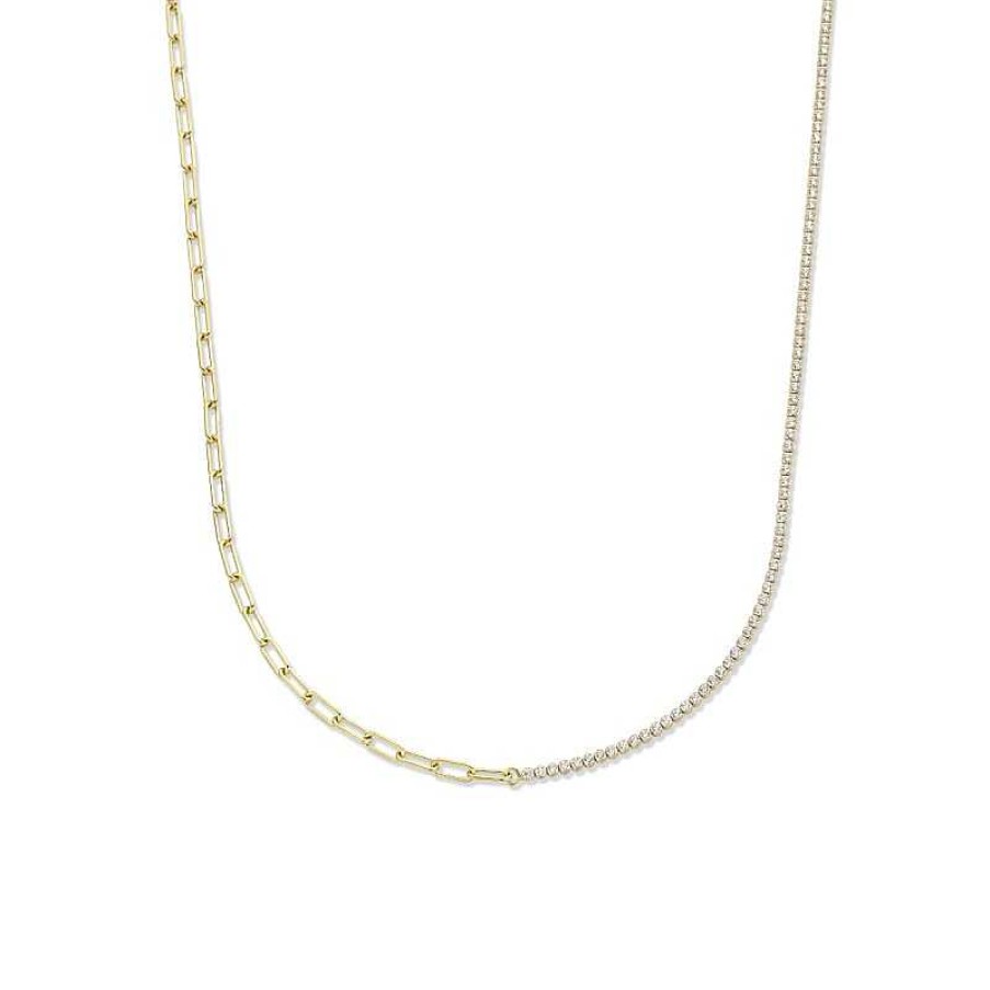 Kettingen Mostert Huiscollectie | Gold Plated Multi-Ketting Met Paperclip En Glas - Lengte 41 + 5 Cm