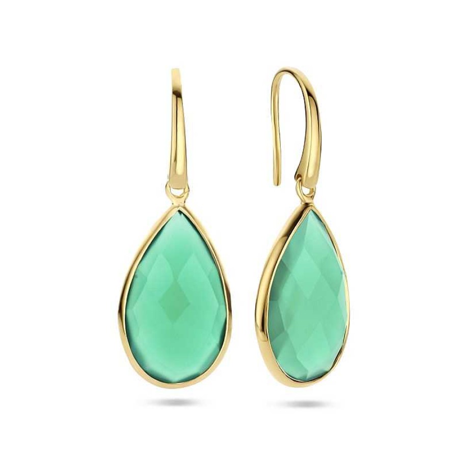 Oorbellen Mostert Huiscollectie | Gold Plated Oorhangers Met Groen Agaat Franse Haak- 33 X 12 Mm