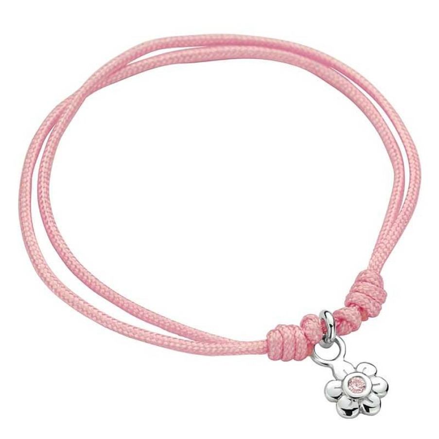 Armbanden Mostert Huiscollectie | Roze Gevlochten Kinderarmband Met Bloemetje En Roze Zirkonia - Lengte 9 - 19 Cm