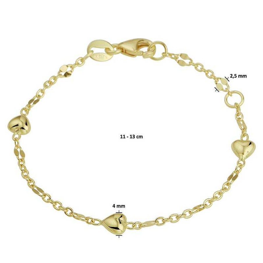 Armbanden Mostert Huiscollectie | 14-Karaat Gouden Kinderarmband Met Drie Hartjes - Lengte 11 - 13 Cm